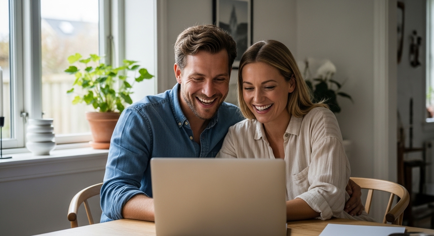 Couple looking at a computer in a Danish home.